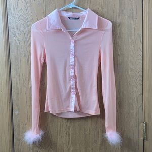 Pink mesh button up with feathery sleeves